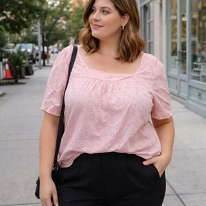 Talbots 100% Cotton Pink Eyelet Plus Size Blouse | Puff Sleeve Square Neck Top